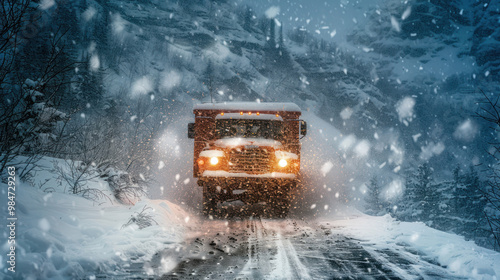 A truck is driving down a snowy road. The truck is covered in snow and the road is covered in snow as well. The scene is very cold and snowy, and the truck is moving through the snow photo