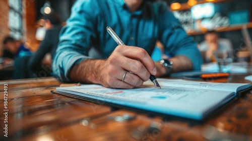 Man Writing in Notebook at a Cafe