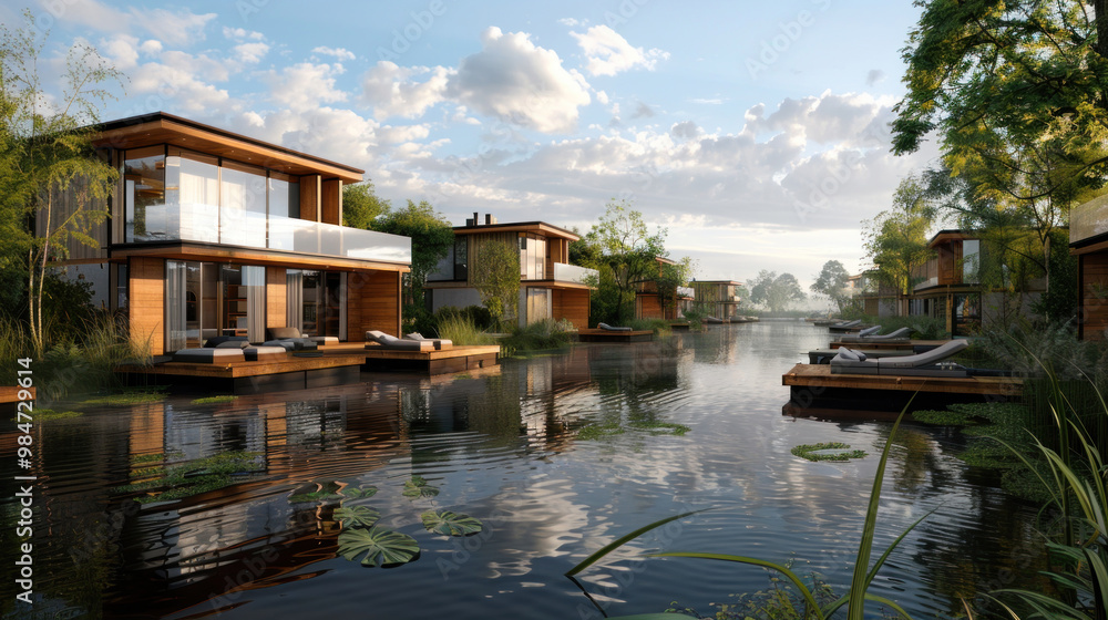 A row of houses are built on a lake, with the water reflecting the sunset. The houses are all different sizes and styles, but they all have a similar design A row of houses are built on a lake, with the water reflecting the sunset. The houses are all different sizes and styles, but they all have a similar design