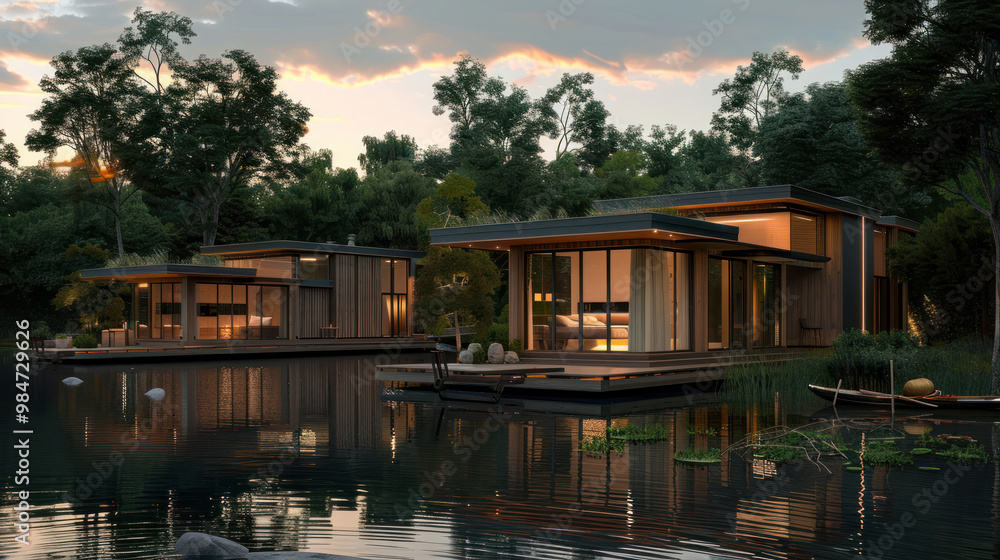 A row of houses are built on a lake, with the water reflecting the sunset. The houses are all different sizes and styles, but they all have a similar design A row of houses are built on a lake, with the water reflecting the sunset. The houses are all different sizes and styles, but they all have a similar design