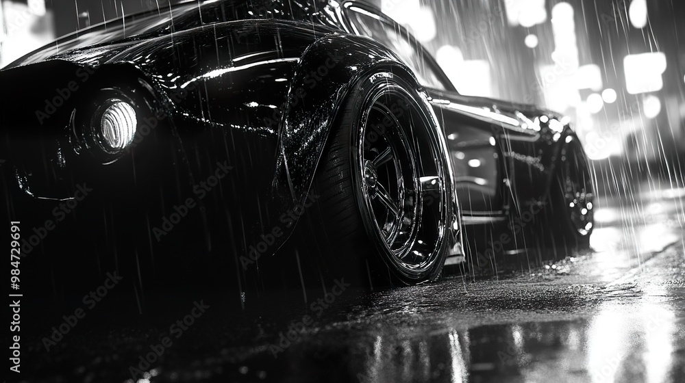 Black Sports Car in the Rain at Night Black Sports Car in the Rain at Night