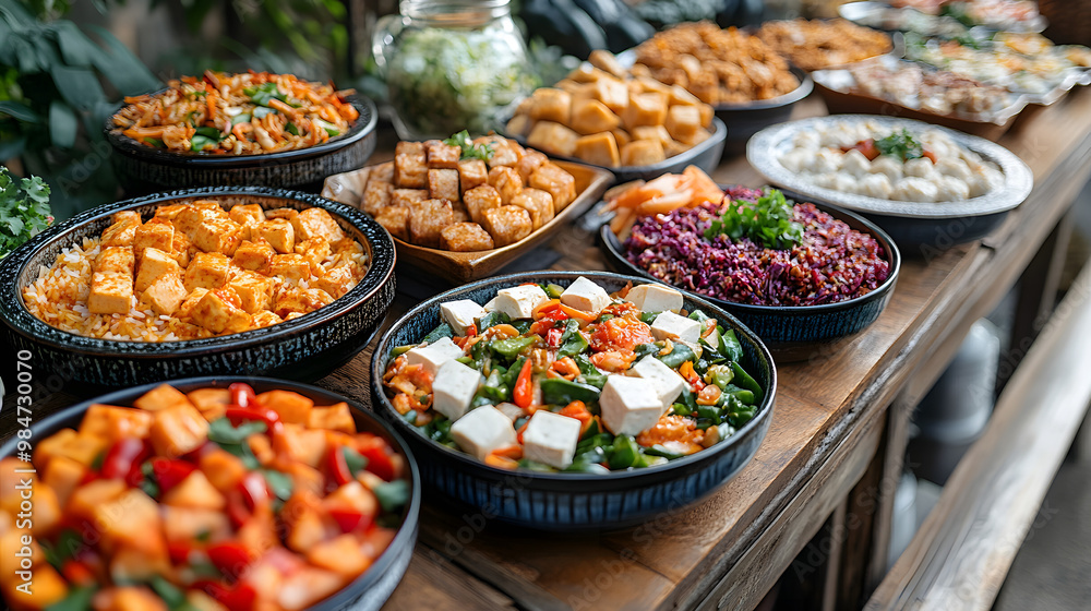 A vibrant spread of colorful salads and appetizers on display, showcasing fresh ingredients and diverse plant-based dishes. A vibrant spread of colorful salads and appetizers on display, showcasing fresh ingredients and diverse plant-based dishes.