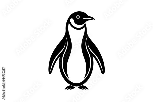 Black penguin silhouette, line art icon, vector illustration on white background.