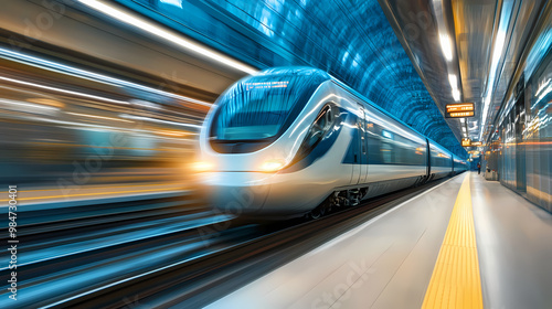 Blurred motion of a high-speed train in a subway station. Subway Station. Illustration photo