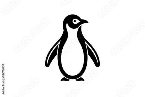 Black penguin silhouette, line art icon, vector illustration on white background.