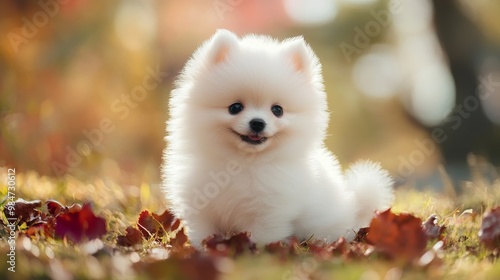 Fluffy white Pomeranian puppy available, a purebred Spitz breed known for its small size and playful personality.