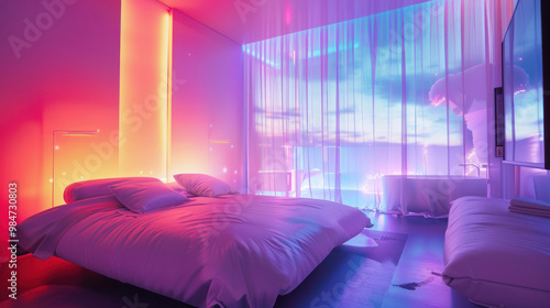 A luxury travel experience where you stay in a hotel made entirely of light, with rooms that change color and brightness to suit your mood