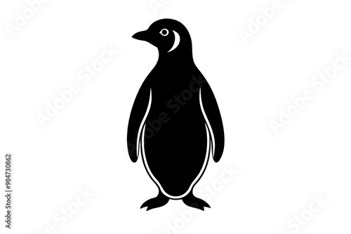 Black penguin silhouette, line art icon, vector illustration on white background.