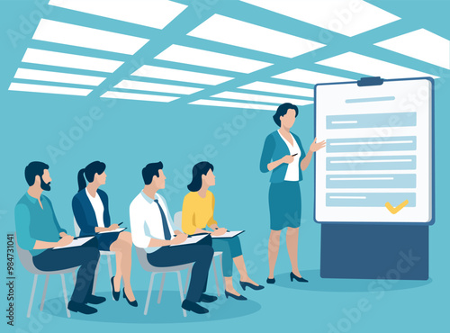 Education, learning, presentation business illustration. The business team listens to the female teacher.