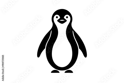 Black penguin silhouette, line art icon, vector illustration on white background.