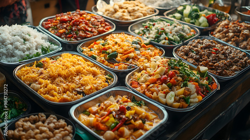 Delicious assortment of vibrant dishes in a food market, showcasing colorful rice, vegetables, and proteins in individual servings.