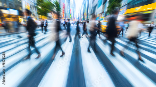 Blurred motion of pedestrians crossing a busy city street in rush hour. Busy Crosswalk. Illustration