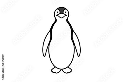 Black penguin silhouette, line art icon, vector illustration on white background.