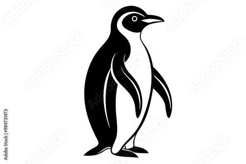 Black penguin silhouette, line art icon, vector illustration on white background.