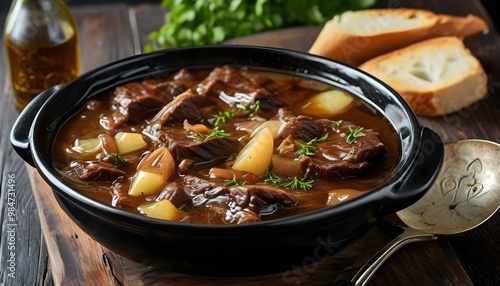 Rustic Flemish Stew: Rich Carbonnade with Beer and Onions in a Black Bowl on a Dark Wooden Table photo