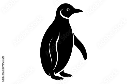 Black penguin silhouette, line art icon, vector illustration on white background.