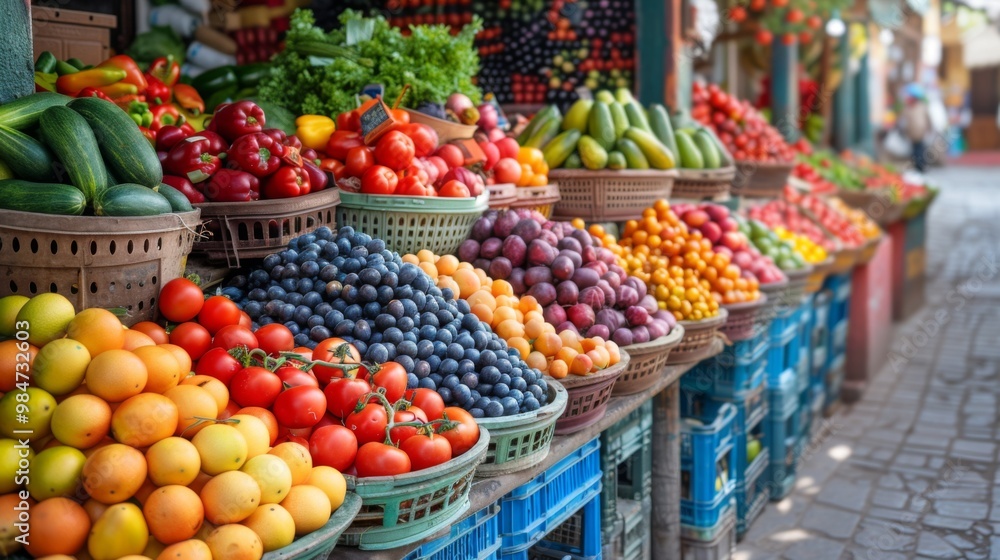 A Vibrant Display of Fresh Produce at a Market Stall A Vibrant Display of Fresh Produce at a Market Stall