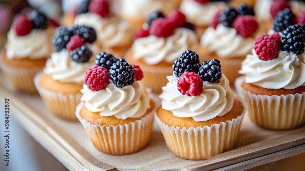 Cupcakes and mini tarts with berries on the table, a wedding daytime scene, a wedding party table, an event in an elegant restaurant, natural light Cupcakes and mini tarts with berries on the table, a wedding daytime scene, a wedding party table, an event in an elegant restaurant, natural light