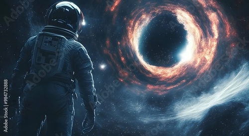 A lone astronaut is standing in front of a black hole. High quality digital space art and realistic visualizations