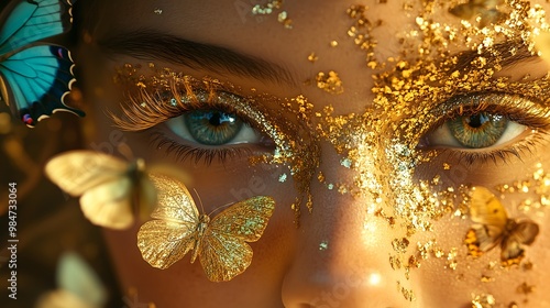 woman with gold make-up and butterflies