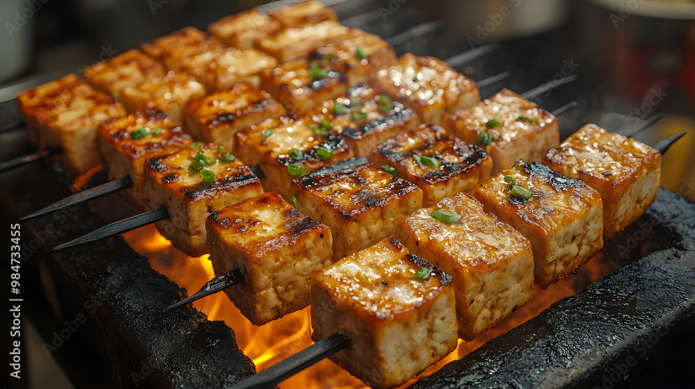 Delicious skewers of grilled tofu, smoky and savory, perfect for a satisfying meal or appetizer from a vibrant kitchen. Delicious skewers of grilled tofu, smoky and savory, perfect for a satisfying meal or appetizer from a vibrant kitchen.