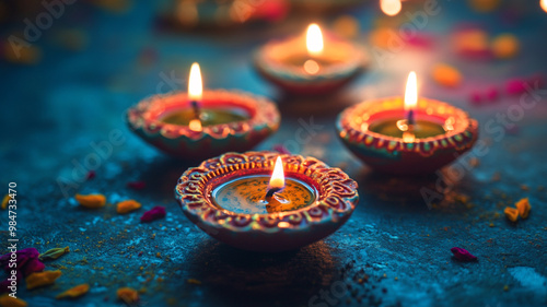 Decorative clay lamps illuminate a festive Diwali celebration with vibrant flowers in the background photo