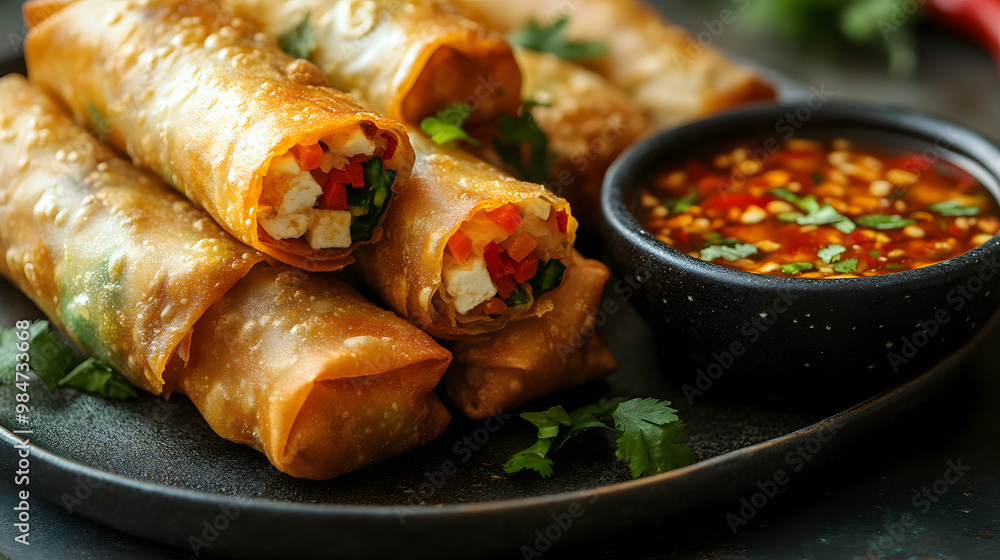 Delicious spring rolls served on a plate with dipping sauce, featuring vibrant vegetables and a crispy golden exterior. Delicious spring rolls served on a plate with dipping sauce, featuring vibrant vegetables and a crispy golden exterior.