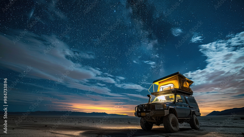 A rugged truck equipped with an overlanding setup, including a roof tent and gear, parked in a remote desert under the stars, capturing the spirit of adventure and self-sufficiency A rugged truck equipped with an overlanding setup, including a roof tent and gear, parked in a remote desert under the stars, capturing the spirit of adventure and self-sufficiency
