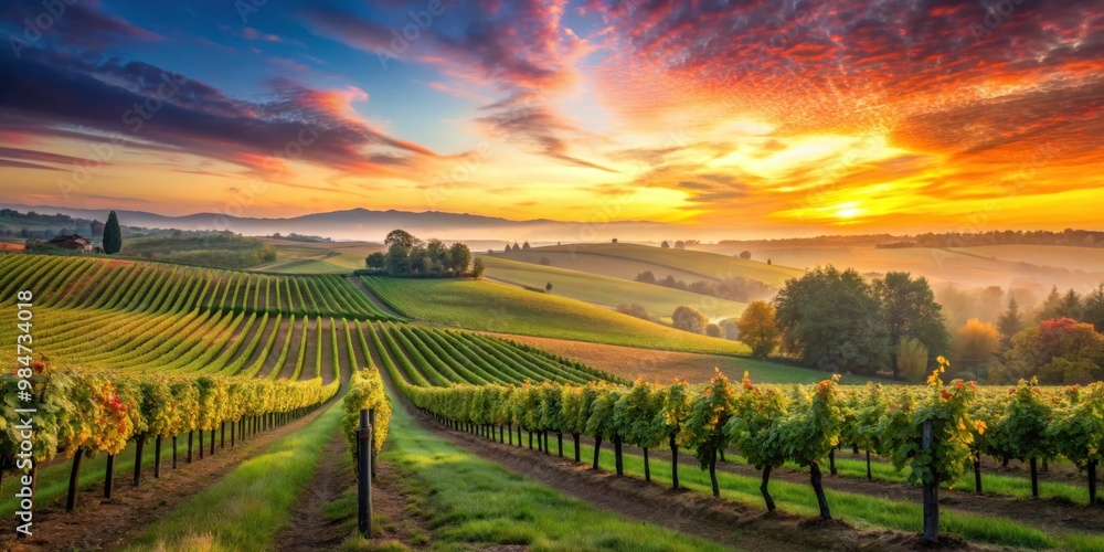 Fototapeta premium Vineyard in the morning with colorful skies and detailed landscapes, vineyard, winery, valley, sunrise, sunset, sun