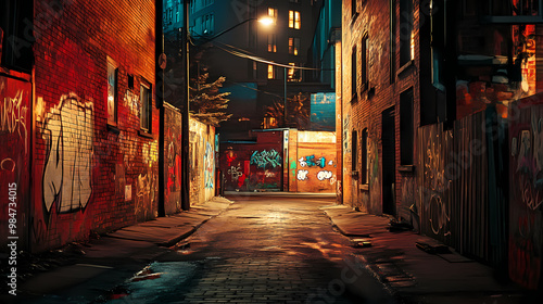 Alley at night withh graffiti on the brick walls. ai generative. Graffiti Alley. Illustration photo