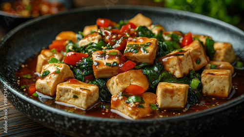 Delicious tofu stir-fry with spinach and bell peppers, served in a savory sauce, perfect for a healthy meal.