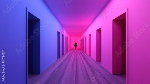 A person walking down a hallway in an empty room, AI