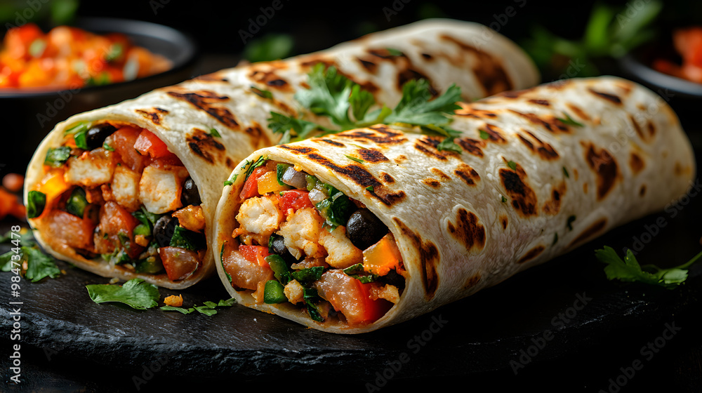 Deliciously grilled tortilla wraps filled with fresh vegetables, beans, and protein, perfect for a nutritious meal. Deliciously grilled tortilla wraps filled with fresh vegetables, beans, and protein, perfect for a nutritious meal.