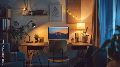 A professional workspace with a key light and fill light set up around the desk, creating balanced lighting for a virtual presentation, with a laptop open to a video call photo