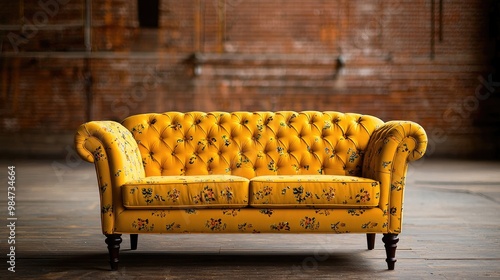 Vintage yellow tufted sofa in an industrial setting, stylish and inviting. photo