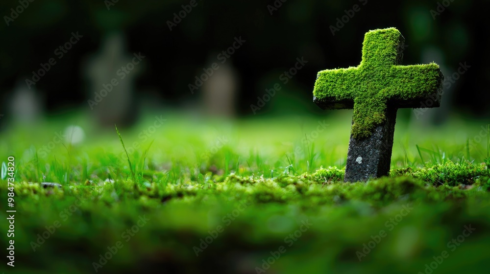 Moss-covered cross in a serene graveyard setting, lush green grass background. Moss-covered cross in a serene graveyard setting, lush green grass background.