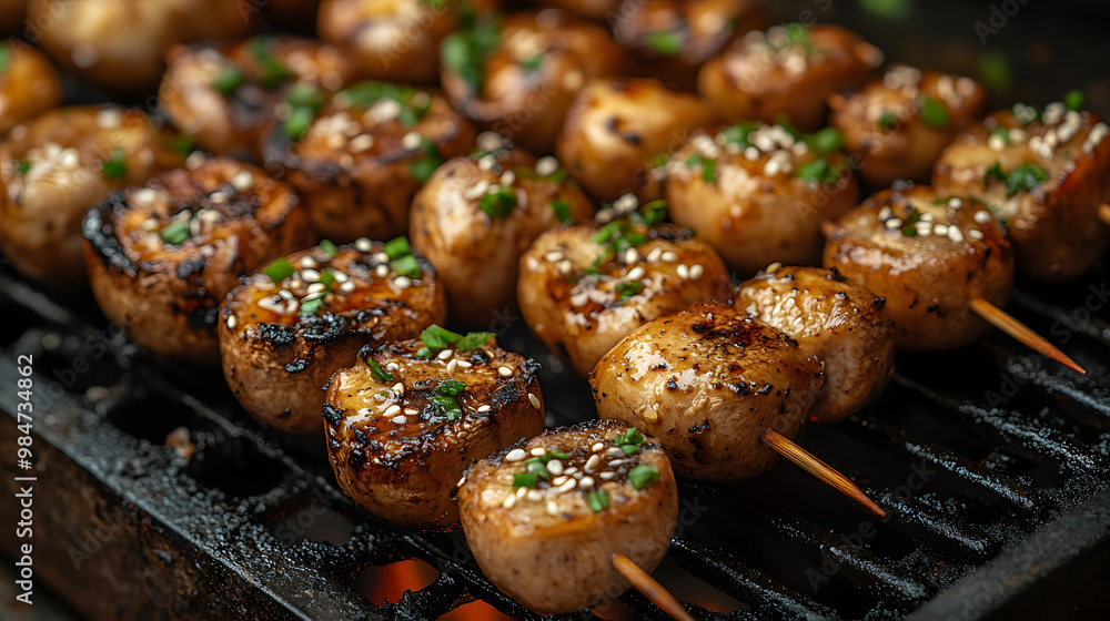 Grilled mushrooms skewered with sesame and herbs, showcasing a delicious and smoky flavor on a barbecue grill. Grilled mushrooms skewered with sesame and herbs, showcasing a delicious and smoky flavor on a barbecue grill.