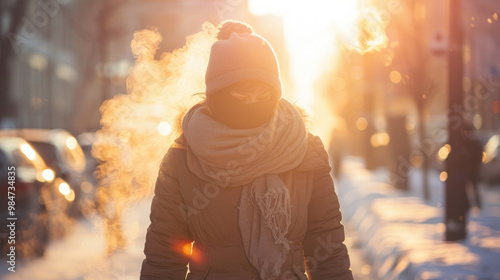 A person wearing a full winter outfit, including a scarf and gloves, walking down a melting street under a blazing sun, defying the concept of dressing for hot weather