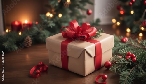 A gift box wrapped in beige paper with a red rib. Shell and fir branch