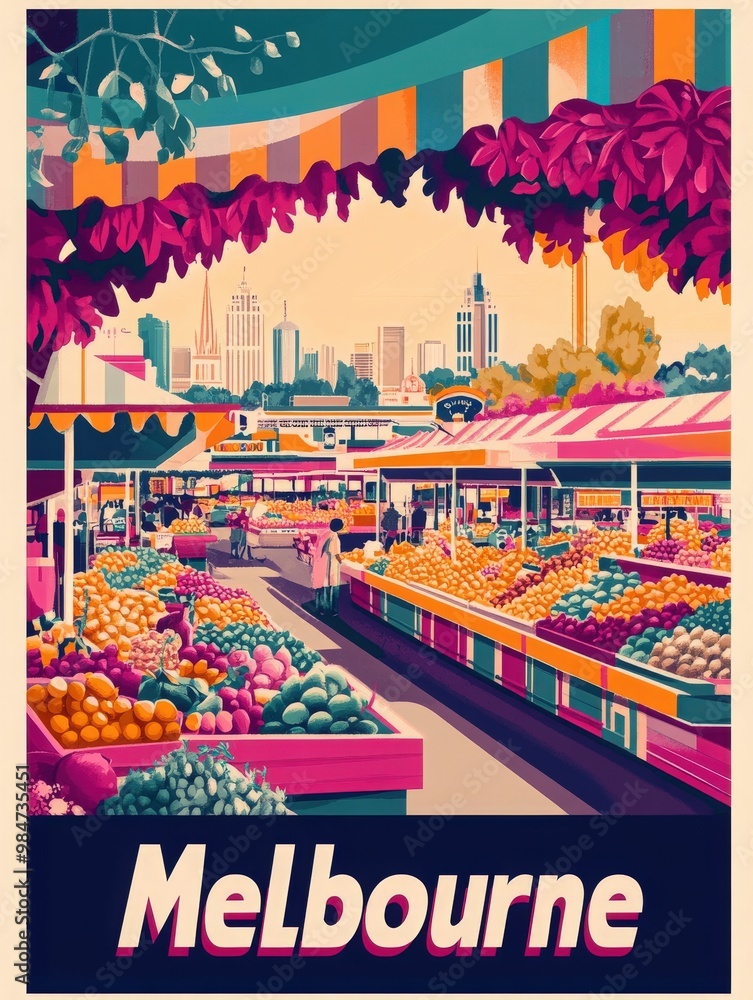 Experience the lively atmosphere of Melbournes bustling market where vibrant stalls showcase fresh fruits and vegetables against a stunning urban skyline, inviting visitors to savor the citys charm. Experience the lively atmosphere of Melbournes bustling market where vibrant stalls showcase fresh fruits and vegetables against a stunning urban skyline, inviting visitors to savor the citys charm.