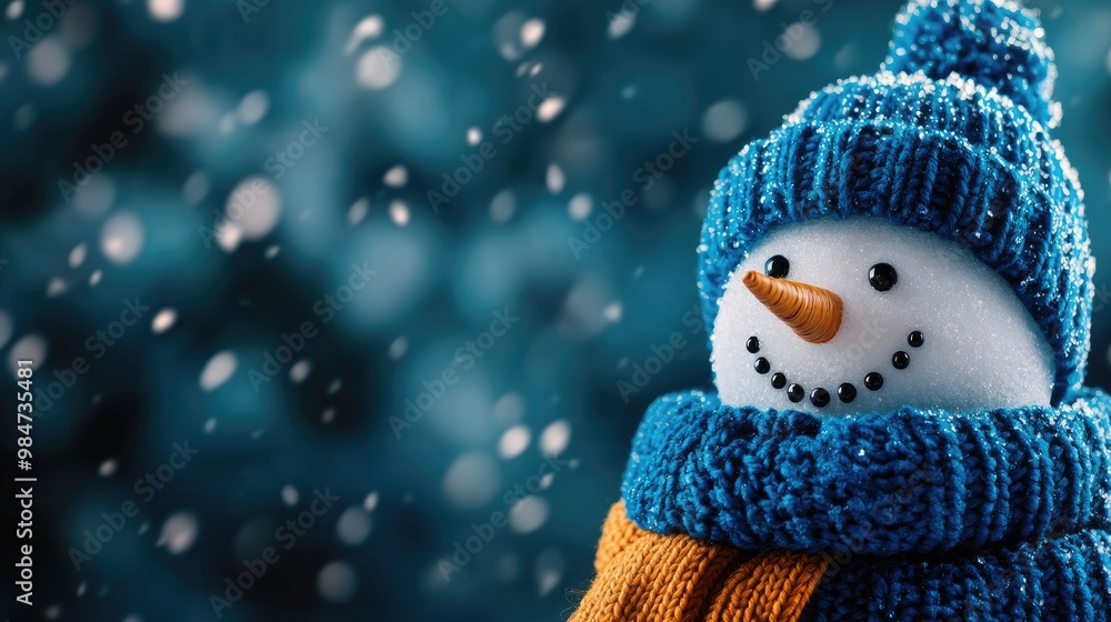 Obraz premium Cheerful snowman wearing a blue hat and orange scarf amidst falling snow.