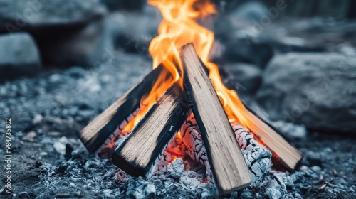 A campfire with a pile of wood and rocks on top, AI photo