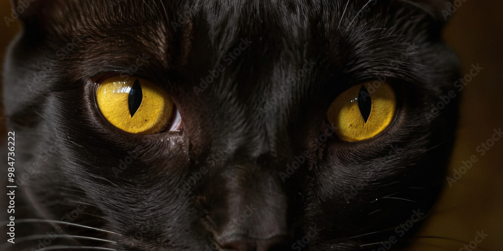 Close-up of a black cat's face with striking yellow eyes in darkness. Ideal for mysterious or Halloween-themed designs with a focus on piercing gaze and contrast. Close-up of a black cat's face with striking yellow eyes in darkness. Ideal for mysterious or Halloween-themed designs with a focus on piercing gaze and contrast.