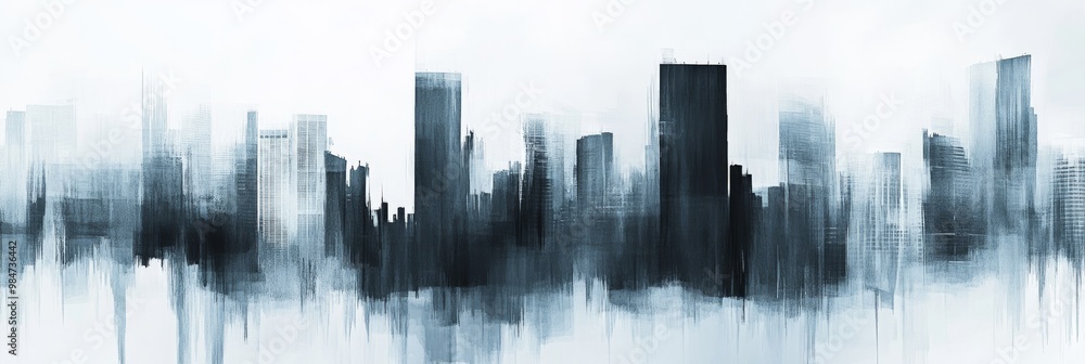 Fototapeta premium This artistic representation displays a city skyline with blurred outlines and a smooth gradient of gray and blue hues, evoking calmness and mystery, inviting viewers to explore its visual depths