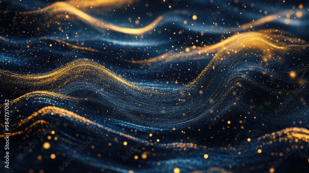 Abstract background with dark blue and gold hues, featuring intricate patterns and shimmering particles. Abstract background with dark blue and gold hues, featuring intricate patterns and shimmering particles.