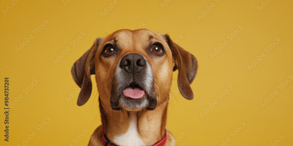 Surprised dog against a bright yellow background. Ideal for humorous or expressive pet-related content and advertising. Surprised dog against a bright yellow background. Ideal for humorous or expressive pet-related content and advertising.