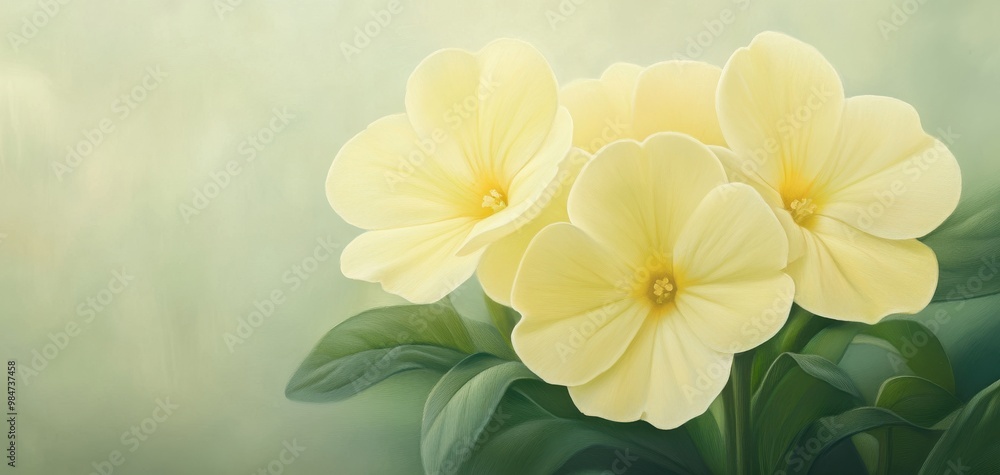 A painting of three yellow flowers with green leaves A painting of three yellow flowers with green leaves