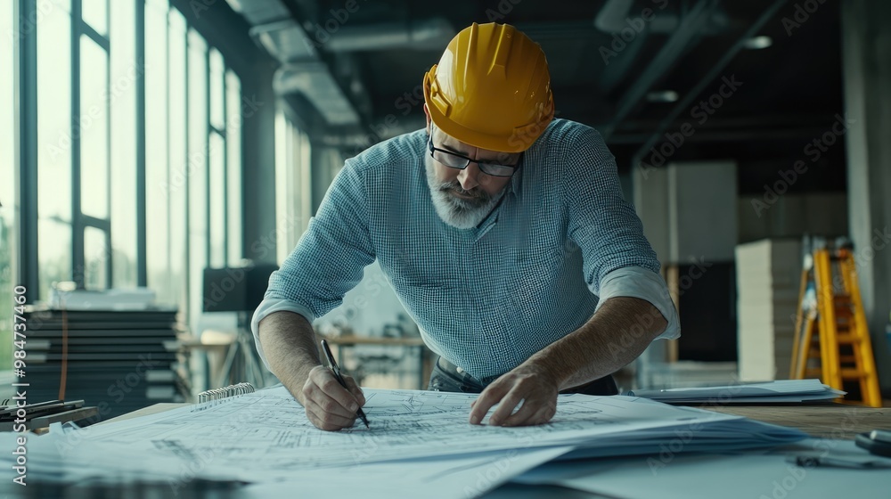 Engineer reviewing technical designs and mathematical models in a construction site office with blueprints and equipment visible Engineer reviewing technical designs and mathematical models in a construction site office with blueprints and equipment visible