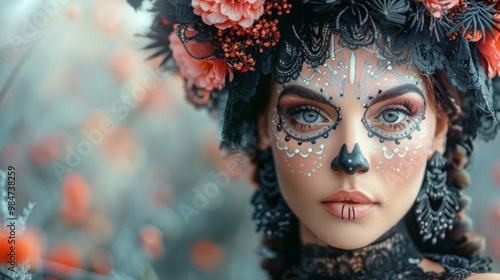 Dia de los Muerto Mexican holiday. beautiful woman with her face painted like Day of the Dead, wearing an intricate black lace dress and crown