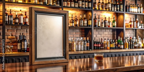 Framed poster mockup on a liquor bar , mockup, poster, frame, bar, liquor, alcohol, interior, design, decoration, concept photo